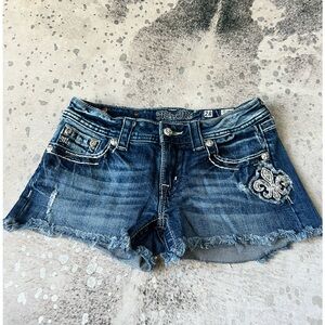 Miss Me Dark Blue Distressed Denim Jean Shorts with Embroidered Fleur-de-Lis